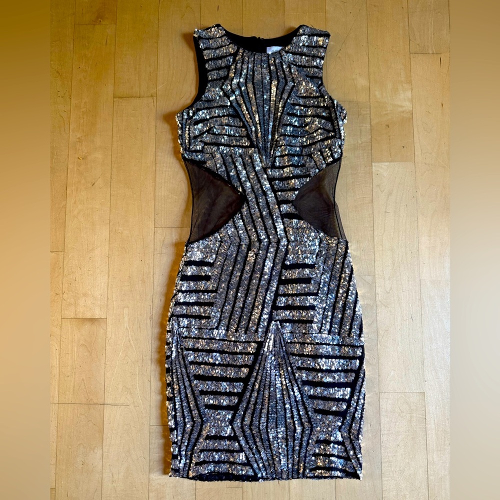 Dress the population sequin mesh black silver dress, size S
